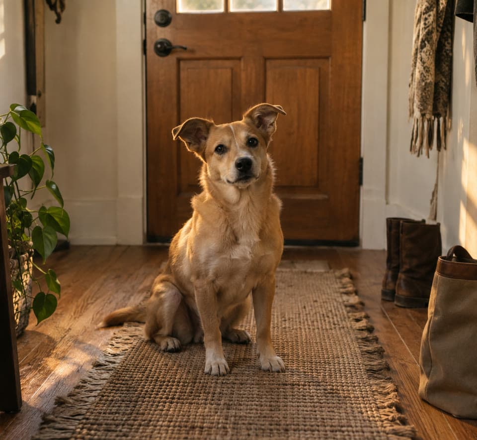 A tan dog waiting expectantly by a sunlit apartment door