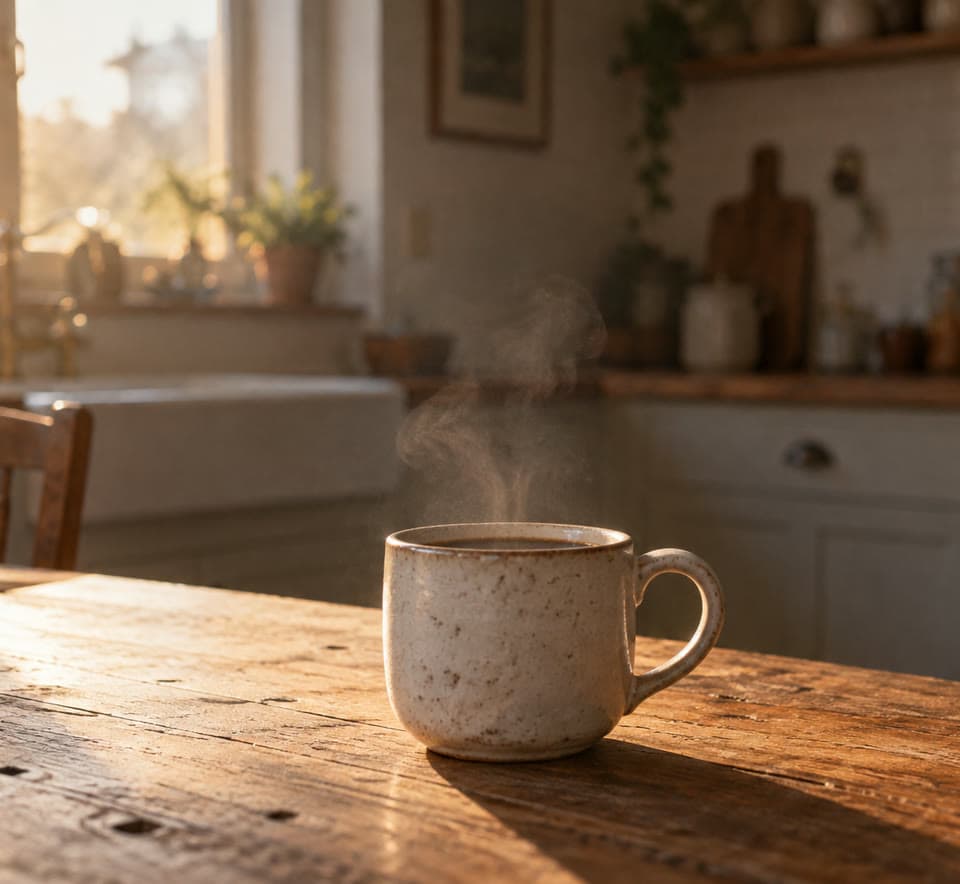 A steaming ceramic mug of coffee in a quiet sunlit kitchen