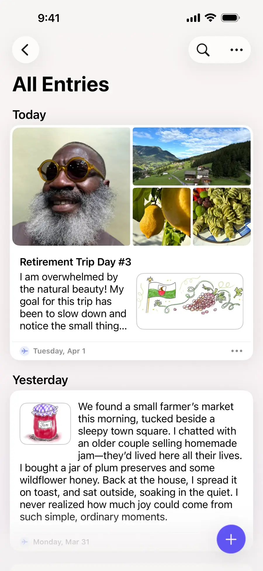 Lista de todas las entradas de Diario de Apple, con una entrada que muestra una cuadrícula de fotos sobre otra entrada escrita más larga del día anterior