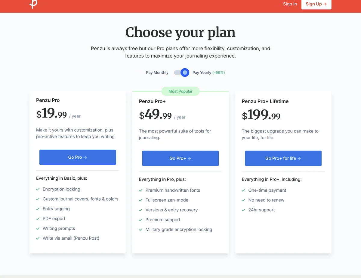 Página de planes de Penzu, capturada el 26 de agosto de 2026 Los tres planes de pago de Penzu: Pro por $19.99 al año, con exportación a PDF y bloqueo mediante cifrado; Pro+ por $49.99; y una opción de por vida por $199.99