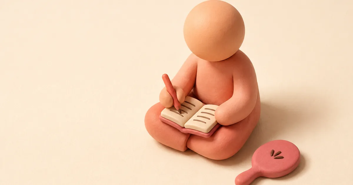 Eine kleine Tonfigur ohne Gesichtszüge sitzt im Schneidersitz und schreibt in ein winziges aufgeschlagenes Notizbuch; daneben liegt ein kleiner Handspiegel aus Ton mit der Spiegelseite nach unten auf dem Boden