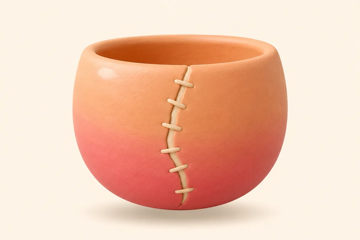 The mend is part of the bowl A single round clay bowl with one mended seam running down its side
