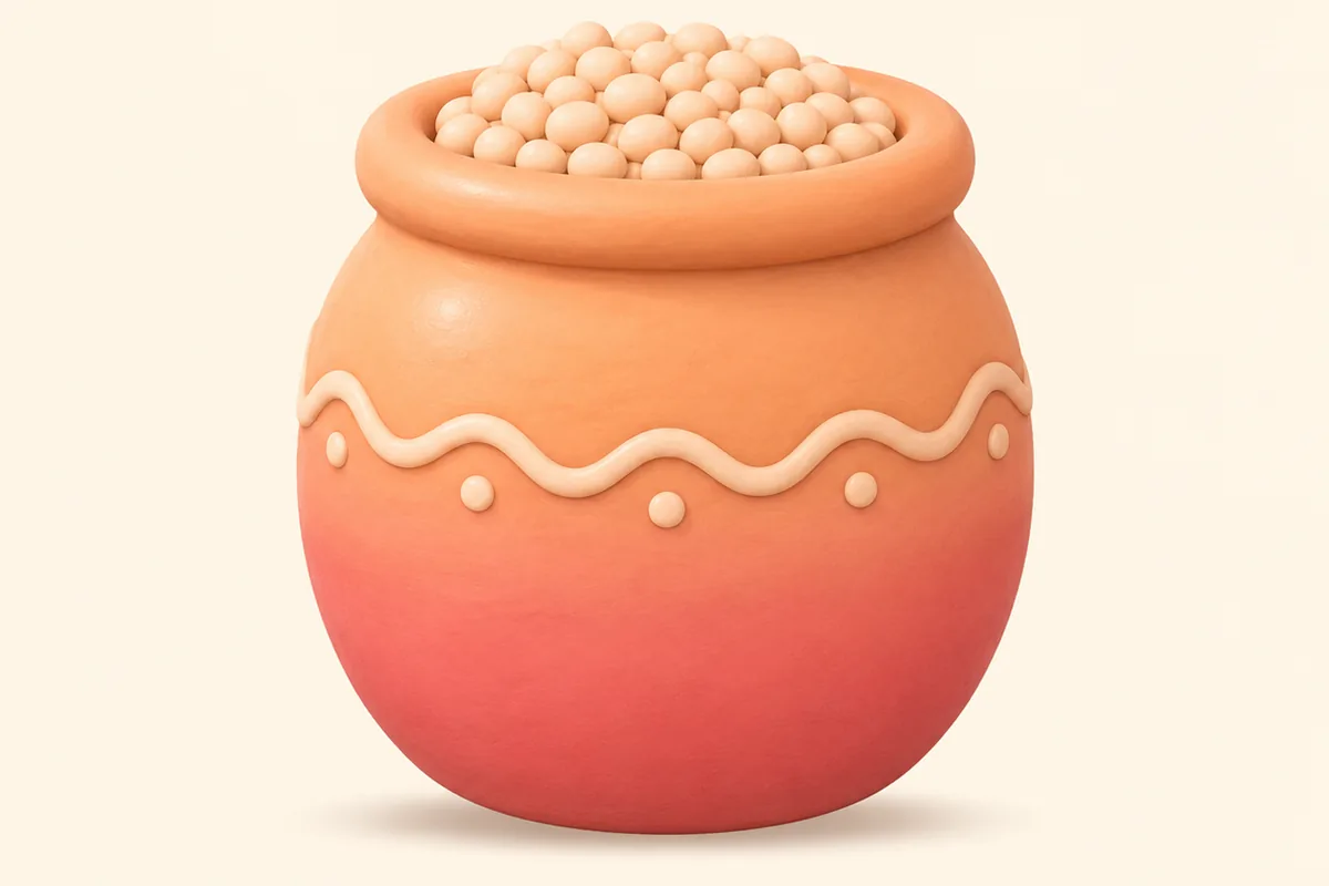 Un unico vaso tondeggiante di argilla dall'imboccatura larga, colmo fino all'orlo di minuscoli sassolini lisci di argilla