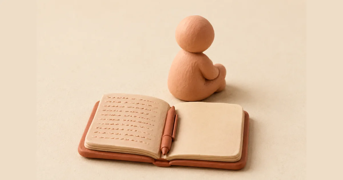 Un carnet ouvert en argile, avec du texte sur la page de gauche et une page de droite vierge, et une figurine en argile assise derrière, le dos tourné